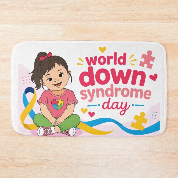 Item preview, World Down Syndrome Day banner with happy girl, colorful puzzle pieces and awareness symbols designed and sold by JrNergal.