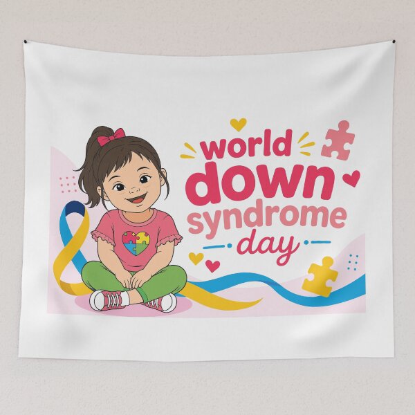 Item preview, World Down Syndrome Day banner with happy girl, colorful puzzle pieces and awareness symbols designed and sold by JrNergal.