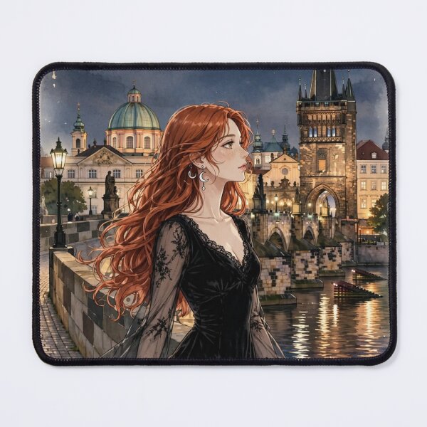 Item preview, Czech Republic Prague Charles Bridge with a Beautiful Redhead Traveler in Elegant Gothic Velvet Dress, Magical Night City and Historic European designed and sold by DibujandoPorfa.