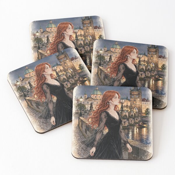 Item preview, Czech Republic Prague Charles Bridge with a Beautiful Redhead Traveler in Elegant Gothic Velvet Dress, Magical Night City and Historic European designed and sold by DibujandoPorfa.