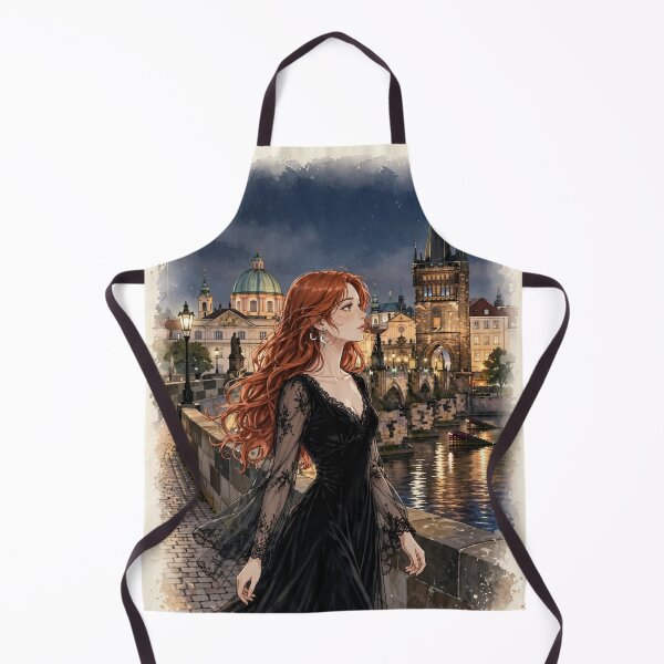 Item preview, Czech Republic Prague Charles Bridge with a Beautiful Redhead Traveler in Elegant Gothic Velvet Dress, Magical Night City and Historic European designed and sold by DibujandoPorfa.