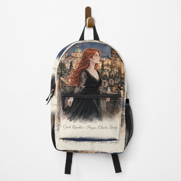 Item preview, Czech Republic Prague Charles Bridge with a Beautiful Redhead Traveler in Elegant Gothic Velvet Dress, Magical Night City and Historic European designed and sold by DibujandoPorfa.