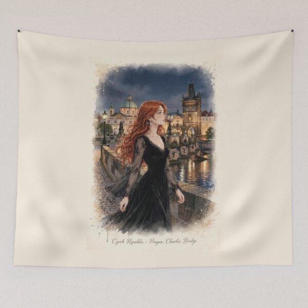 Item preview, Czech Republic Prague Charles Bridge with a Beautiful Redhead Traveler in Elegant Gothic Velvet Dress, Magical Night City and Historic European designed and sold by DibujandoPorfa.