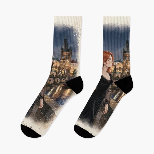 Item preview, Czech Republic Prague Charles Bridge with a Beautiful Redhead Traveler in Elegant Gothic Velvet Dress, Magical Night City and Historic European designed and sold by DibujandoPorfa.