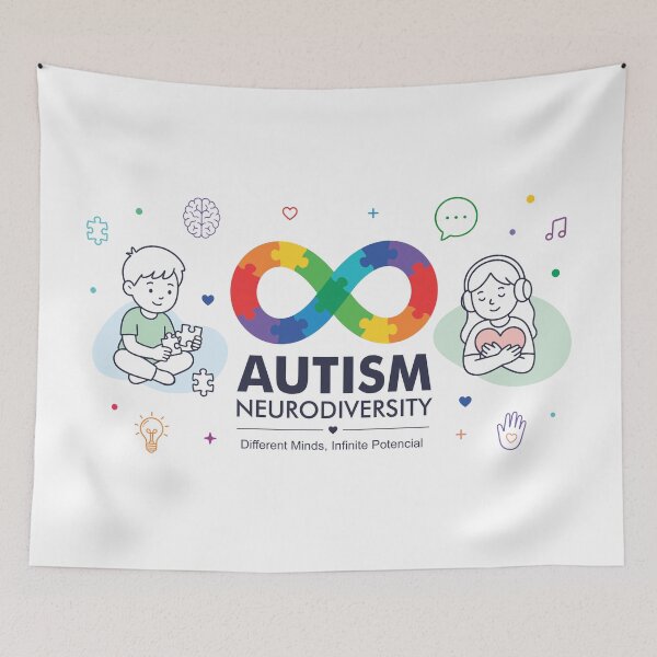 Artikelvorschau, Banner zur Sensibilisierung für Autismus und Neurodiversität mit farbenfrohem Unendlichkeitssymbol, Kindern und Symbolen der Inklusion entworfen und verkauft von JrNergal.