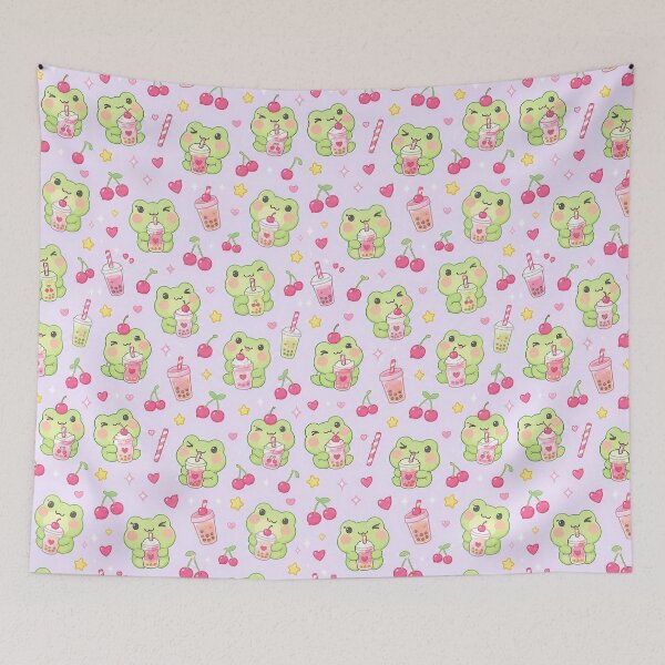 Item preview, Kawaii Frog Cherry Drink Pattern designed and sold by Soft Berry Studio.