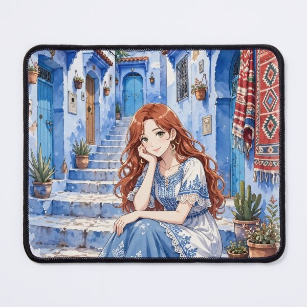 Item preview, Morocco Chefchaouen Blue City with a Charming Redhead Traveler in a Delicate White and Blue Dress, Magical Streets and Dreamy Moroccan Landscape designed and sold by DibujandoPorfa.