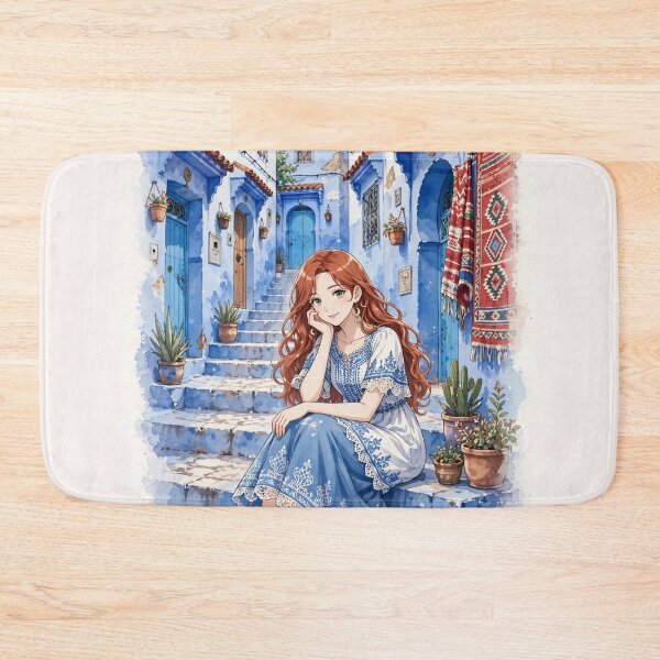 Item preview, Morocco Chefchaouen Blue City with a Charming Redhead Traveler in a Delicate White and Blue Dress, Magical Streets and Dreamy Moroccan Landscape designed and sold by DibujandoPorfa.