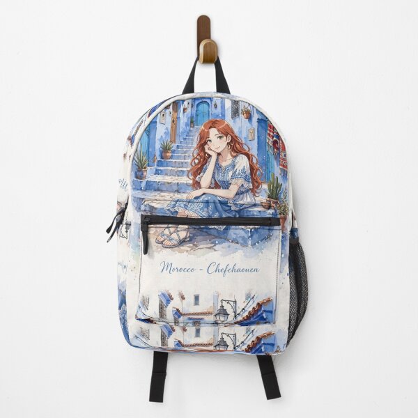 Item preview, Morocco Chefchaouen Blue City with a Charming Redhead Traveler in a Delicate White and Blue Dress, Magical Streets and Dreamy Moroccan Landscape designed and sold by DibujandoPorfa.