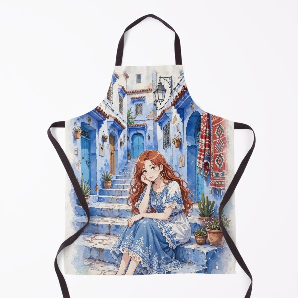 Item preview, Morocco Chefchaouen Blue City with a Charming Redhead Traveler in a Delicate White and Blue Dress, Magical Streets and Dreamy Moroccan Landscape designed and sold by DibujandoPorfa.