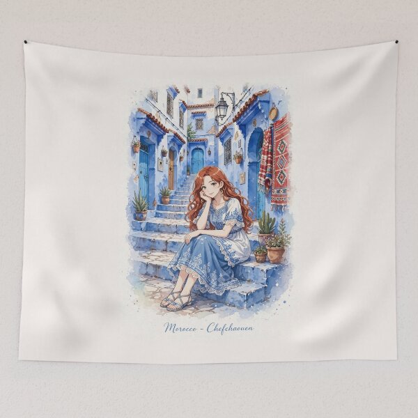 Item preview, Morocco Chefchaouen Blue City with a Charming Redhead Traveler in a Delicate White and Blue Dress, Magical Streets and Dreamy Moroccan Landscape designed and sold by DibujandoPorfa.