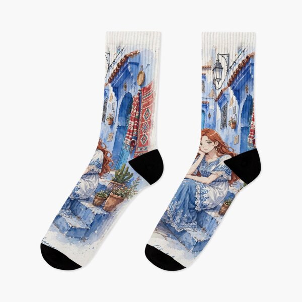 Item preview, Morocco Chefchaouen Blue City with a Charming Redhead Traveler in a Delicate White and Blue Dress, Magical Streets and Dreamy Moroccan Landscape designed and sold by DibujandoPorfa.