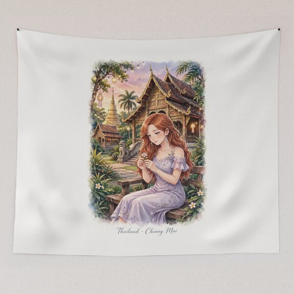 Item preview, Thailand Chiang Mai Temple with a Sweet Redhead Traveler in a Romantic Lavender Dress, Tropical Garden and Peaceful Asian Travel Landscape designed and sold by DibujandoPorfa.