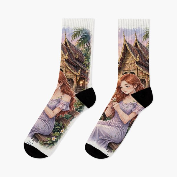 Item preview, Thailand Chiang Mai Temple with a Sweet Redhead Traveler in a Romantic Lavender Dress, Tropical Garden and Peaceful Asian Travel Landscape designed and sold by DibujandoPorfa.