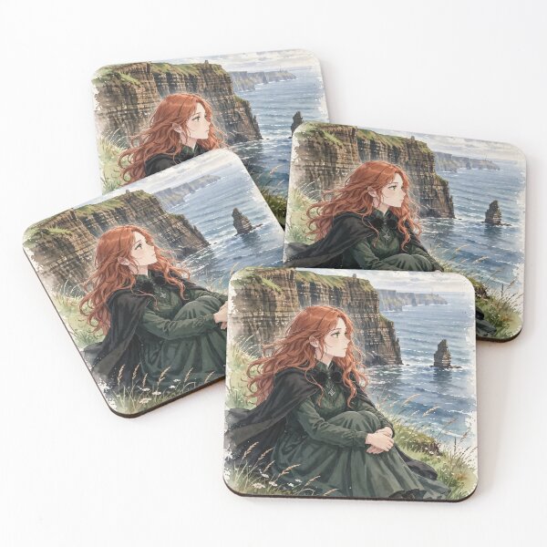Item preview, Ireland Cliffs of Moher with a Melancholic Redhead Traveler in an Elegant Dark Green Dress, Dramatic Atlantic Ocean and Wild Coastal Landscape designed and sold by DibujandoPorfa.
