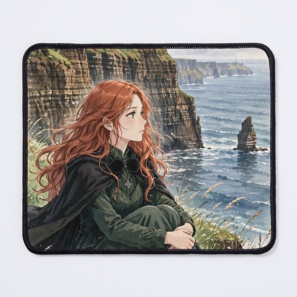 Item preview, Ireland Cliffs of Moher with a Melancholic Redhead Traveler in an Elegant Dark Green Dress, Dramatic Atlantic Ocean and Wild Coastal Landscape designed and sold by DibujandoPorfa.