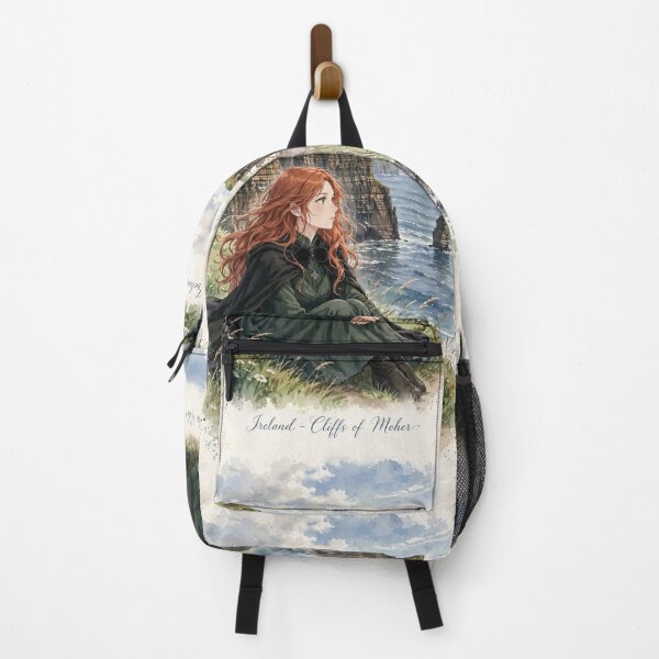 Item preview, Ireland Cliffs of Moher with a Melancholic Redhead Traveler in an Elegant Dark Green Dress, Dramatic Atlantic Ocean and Wild Coastal Landscape designed and sold by DibujandoPorfa.