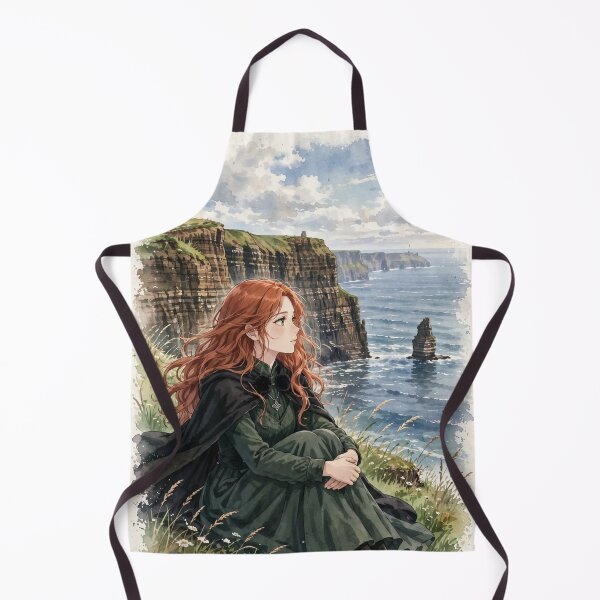 Item preview, Ireland Cliffs of Moher with a Melancholic Redhead Traveler in an Elegant Dark Green Dress, Dramatic Atlantic Ocean and Wild Coastal Landscape designed and sold by DibujandoPorfa.
