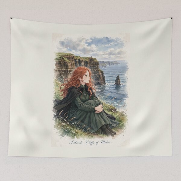 Item preview, Ireland Cliffs of Moher with a Melancholic Redhead Traveler in an Elegant Dark Green Dress, Dramatic Atlantic Ocean and Wild Coastal Landscape designed and sold by DibujandoPorfa.