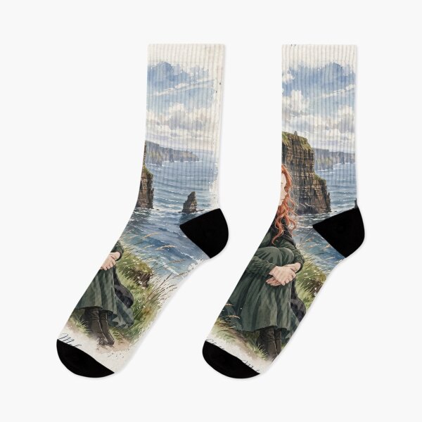Item preview, Ireland Cliffs of Moher with a Melancholic Redhead Traveler in an Elegant Dark Green Dress, Dramatic Atlantic Ocean and Wild Coastal Landscape designed and sold by DibujandoPorfa.