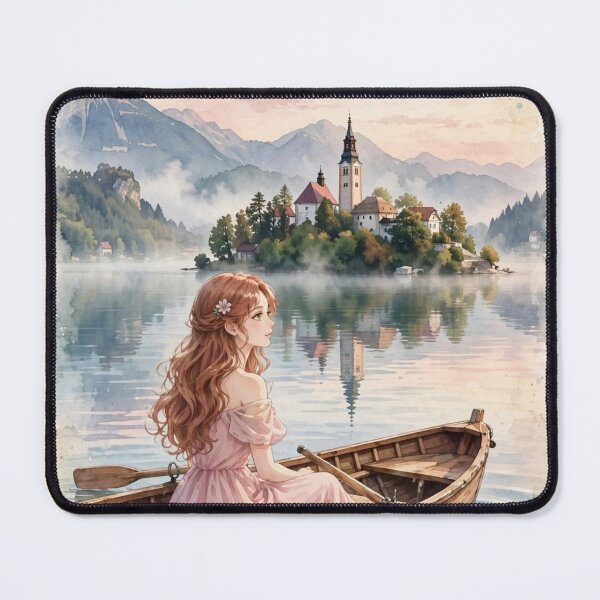 Item preview, Slovenia Lake Bled with a Dreamy Redhead Traveler in a Romantic Pink Dress, Misty Alpine Lake and Magical Island Church Landscape designed and sold by DibujandoPorfa.