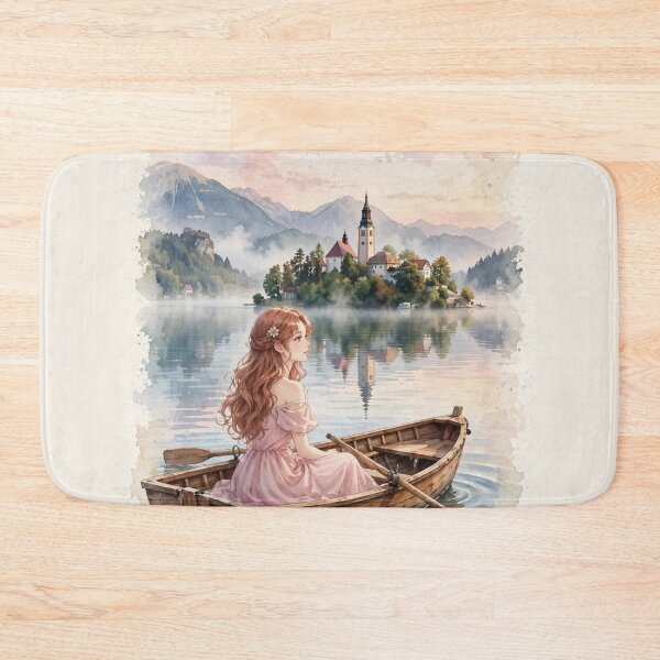 Artikelvorschau, Slowenien, Bled-See mit einer verträumten rothaarigen Reisenden in einem romantischen rosa Kleid, nebliger Alpensee und zauberhafte Inselkirche entworfen und verkauft von DibujandoPorfa.