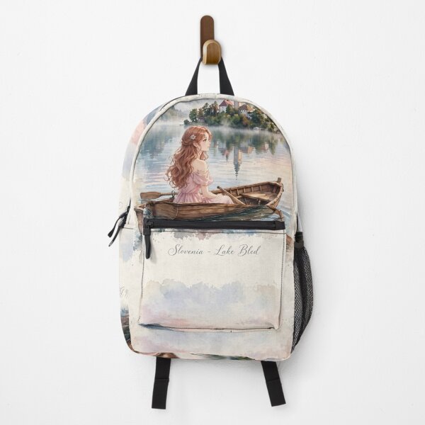 Item preview, Slovenia Lake Bled with a Dreamy Redhead Traveler in a Romantic Pink Dress, Misty Alpine Lake and Magical Island Church Landscape designed and sold by DibujandoPorfa.