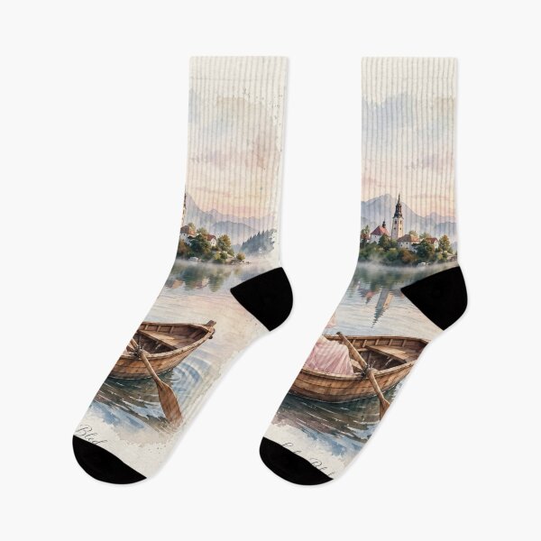 Item preview, Slovenia Lake Bled with a Dreamy Redhead Traveler in a Romantic Pink Dress, Misty Alpine Lake and Magical Island Church Landscape designed and sold by DibujandoPorfa.