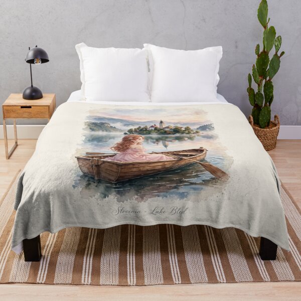 Item preview, Slovenia Lake Bled with a Dreamy Redhead Traveler in a Romantic Pink Dress, Misty Alpine Lake and Magical Island Church Landscape designed and sold by DibujandoPorfa.