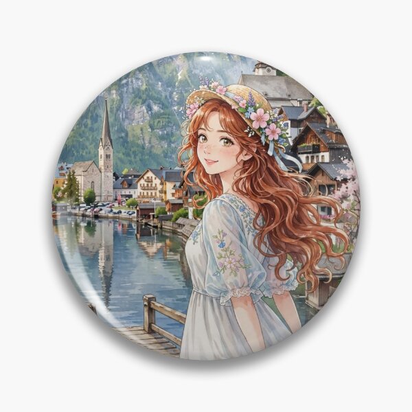 Item preview, Austria Hallstatt with a Sweet Redhead Traveler in a Romantic Blue and White Dress, Peaceful Alpine Lake and Charming Mountain Village designed and sold by DibujandoPorfa.
