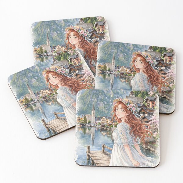 Item preview, Austria Hallstatt with a Sweet Redhead Traveler in a Romantic Blue and White Dress, Peaceful Alpine Lake and Charming Mountain Village designed and sold by DibujandoPorfa.