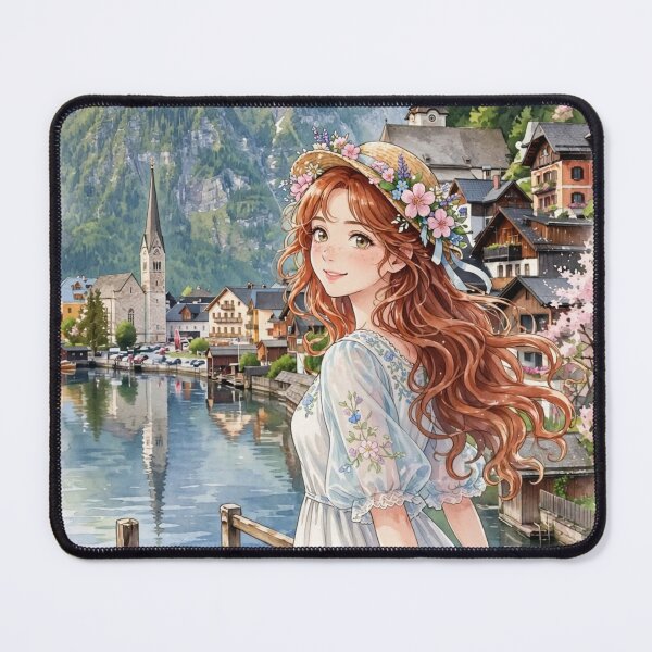 Item preview, Austria Hallstatt with a Sweet Redhead Traveler in a Romantic Blue and White Dress, Peaceful Alpine Lake and Charming Mountain Village designed and sold by DibujandoPorfa.