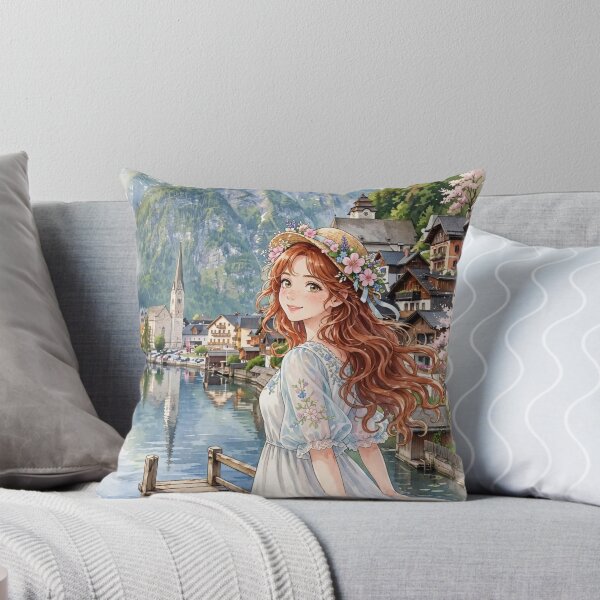 Item preview, Austria Hallstatt with a Sweet Redhead Traveler in a Romantic Blue and White Dress, Peaceful Alpine Lake and Charming Mountain Village designed and sold by DibujandoPorfa.