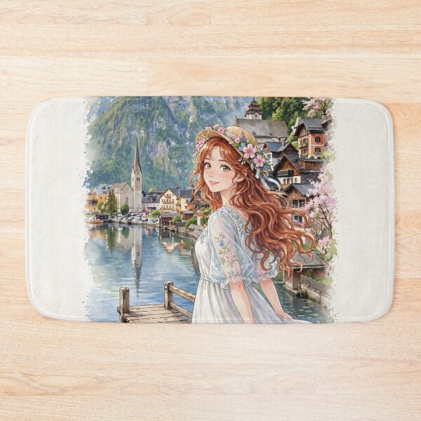Item preview, Austria Hallstatt with a Sweet Redhead Traveler in a Romantic Blue and White Dress, Peaceful Alpine Lake and Charming Mountain Village designed and sold by DibujandoPorfa.