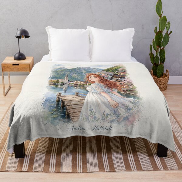 Item preview, Austria Hallstatt with a Sweet Redhead Traveler in a Romantic Blue and White Dress, Peaceful Alpine Lake and Charming Mountain Village designed and sold by DibujandoPorfa.