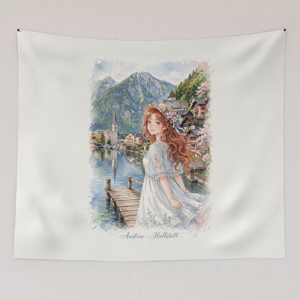 Item preview, Austria Hallstatt with a Sweet Redhead Traveler in a Romantic Blue and White Dress, Peaceful Alpine Lake and Charming Mountain Village designed and sold by DibujandoPorfa.