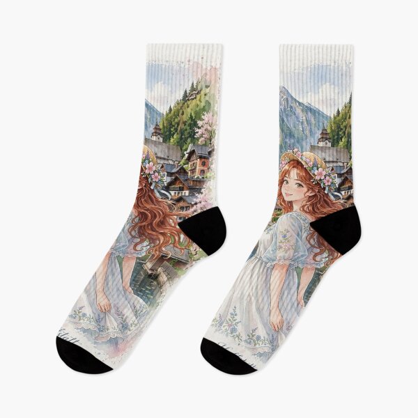 Item preview, Austria Hallstatt with a Sweet Redhead Traveler in a Romantic Blue and White Dress, Peaceful Alpine Lake and Charming Mountain Village designed and sold by DibujandoPorfa.