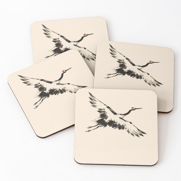 Item preview, Japanese sumi-e ink wash painting of a single red-crowned crane in flight designed and sold by 123ks.