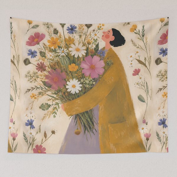 Item preview, Woman Carrying Wildflower Bouquet Cottagecore Art Print designed and sold by artswag.