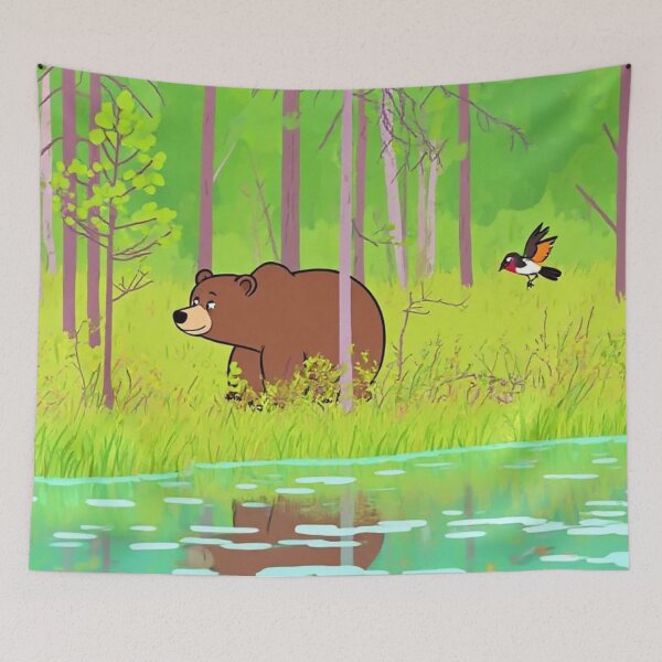 Item preview, Cute Brown Bear Walking in a Lush Green Forest with Birds - Nature Wildlife Illustration" designed and sold by BLUESKY11a.
