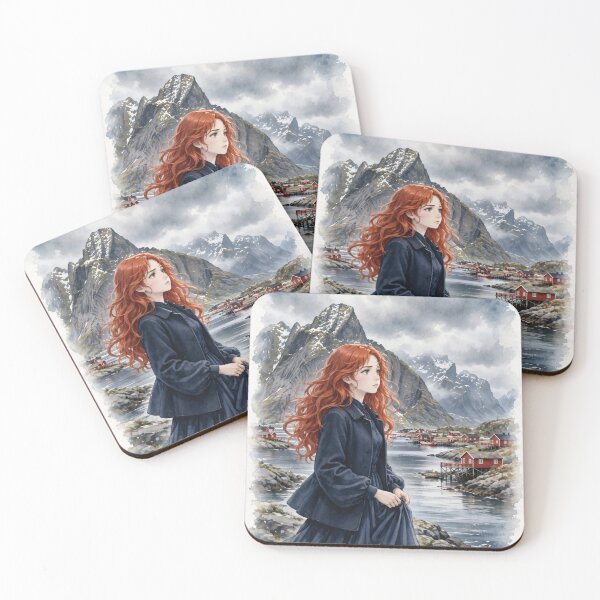 Item preview, Norway Lofoten Islands with a Mysterious Redhead Traveler in an Elegant Navy Dress, Dramatic Mountains and Nordic Coastal Landscape designed and sold by DibujandoPorfa.