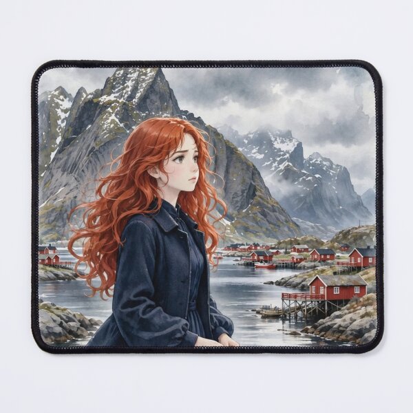 Item preview, Norway Lofoten Islands with a Mysterious Redhead Traveler in an Elegant Navy Dress, Dramatic Mountains and Nordic Coastal Landscape designed and sold by DibujandoPorfa.