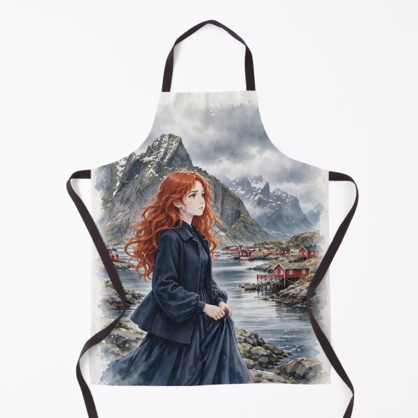 Item preview, Norway Lofoten Islands with a Mysterious Redhead Traveler in an Elegant Navy Dress, Dramatic Mountains and Nordic Coastal Landscape designed and sold by DibujandoPorfa.