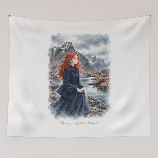 Item preview, Norway Lofoten Islands with a Mysterious Redhead Traveler in an Elegant Navy Dress, Dramatic Mountains and Nordic Coastal Landscape designed and sold by DibujandoPorfa.