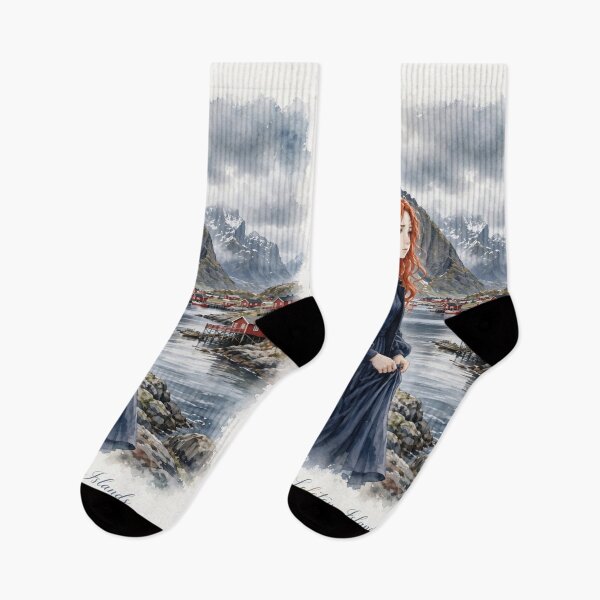 Item preview, Norway Lofoten Islands with a Mysterious Redhead Traveler in an Elegant Navy Dress, Dramatic Mountains and Nordic Coastal Landscape designed and sold by DibujandoPorfa.