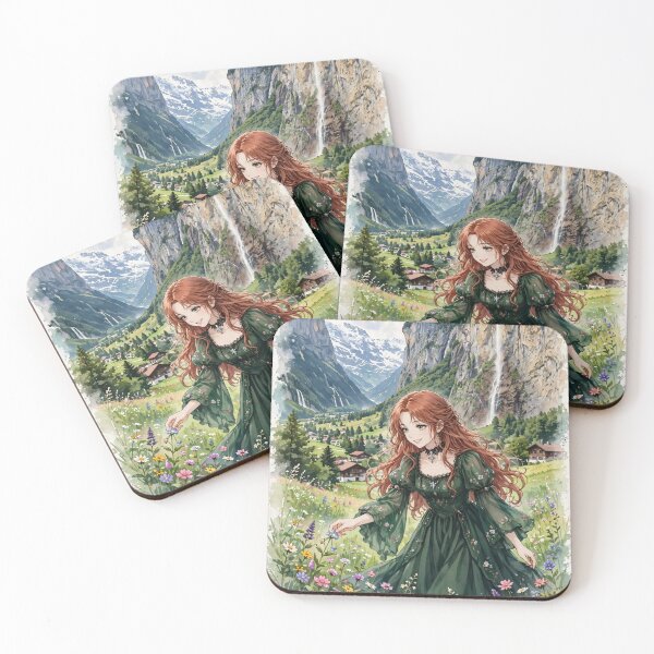 Item preview, Switzerland Lauterbrunnen Valley with a Beautiful Redhead Traveler in Emerald Green Dress, Dreamy Alpine Mountains and Waterfalls designed and sold by DibujandoPorfa.
