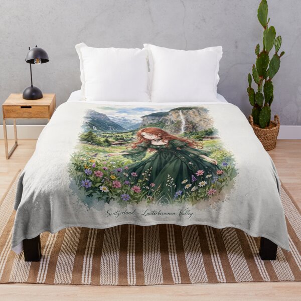 Item preview, Switzerland Lauterbrunnen Valley with a Beautiful Redhead Traveler in Emerald Green Dress, Dreamy Alpine Mountains and Waterfalls designed and sold by DibujandoPorfa.