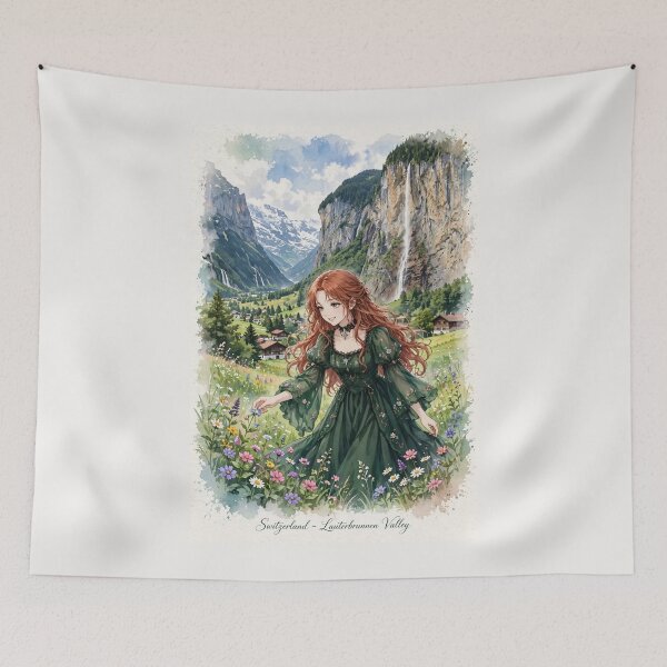 Item preview, Switzerland Lauterbrunnen Valley with a Beautiful Redhead Traveler in Emerald Green Dress, Dreamy Alpine Mountains and Waterfalls designed and sold by DibujandoPorfa.