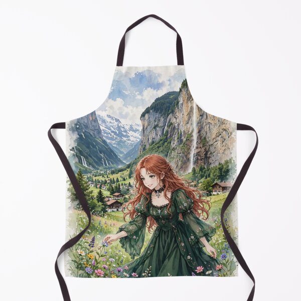 Item preview, Switzerland Lauterbrunnen Valley with a Beautiful Redhead Traveler in Emerald Green Dress, Dreamy Alpine Mountains and Waterfalls designed and sold by DibujandoPorfa.