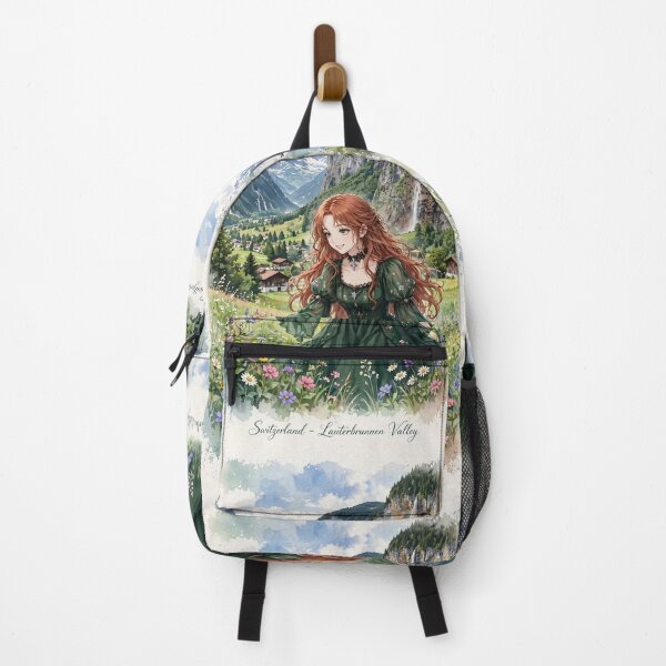Item preview, Switzerland Lauterbrunnen Valley with a Beautiful Redhead Traveler in Emerald Green Dress, Dreamy Alpine Mountains and Waterfalls designed and sold by DibujandoPorfa.